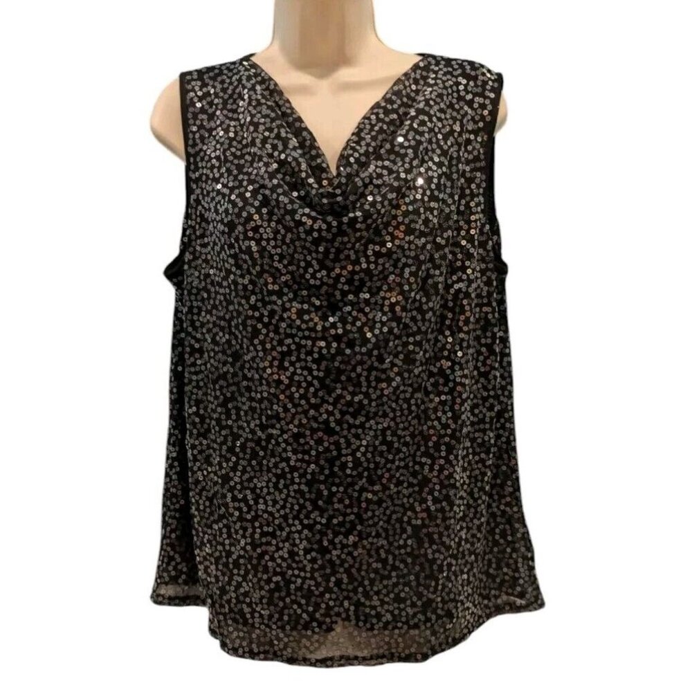 Black Sequined Sleeveless Top Tank Draped Neck Blouse Size L Joan Rivers Holiday